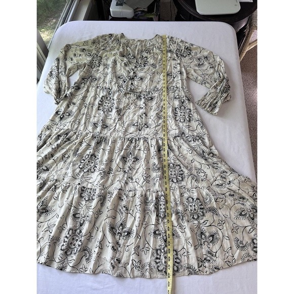 M&S Per Una MIDI Dress Beige Black Tiered Long Sleeve Prairie Cottage US 14 - Picture 13 of 15